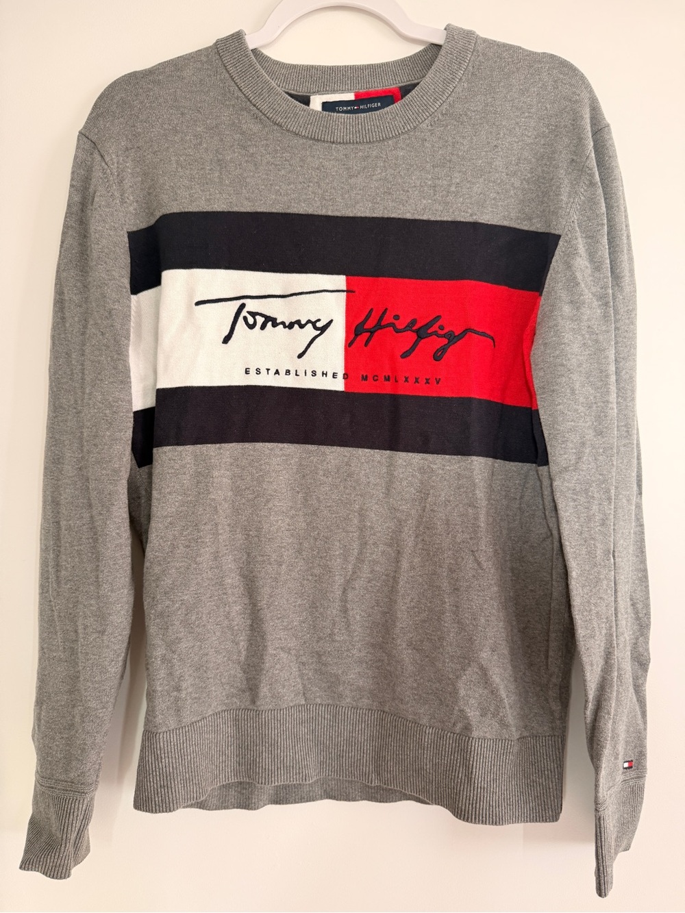 Tommy Hilfiger Gray Crewneck Sweater with Red, Navy & White Logo Panel